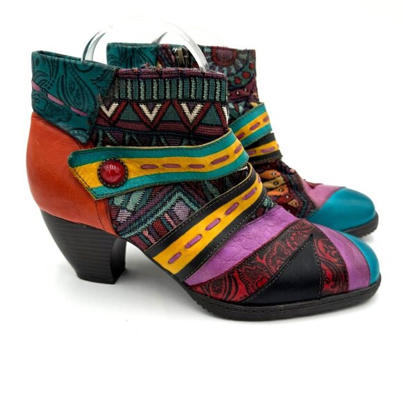 SOCOFY Boho Spliced Leather/Fabric Side Zip Ankle Boots Women 39 / 9 vibrant col - Picture 1 of 16